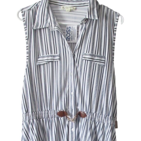 Indigo Rose V Neck Button Up Dress Womens Large White Striped‎ Sleeveless Collar - Picture 1 of 10